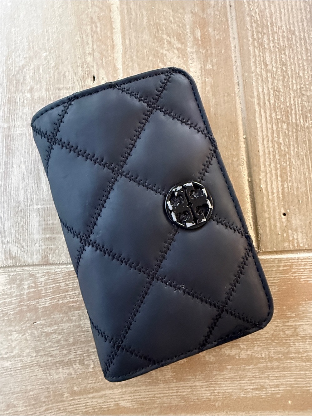 Tory Burch Black Quilted Compact Wallet with Logo Medallion